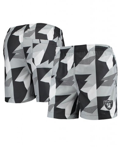 Men's Black and Silver Las Vegas Raiders Geo Print Swim Trunks $21.15 Swimsuits