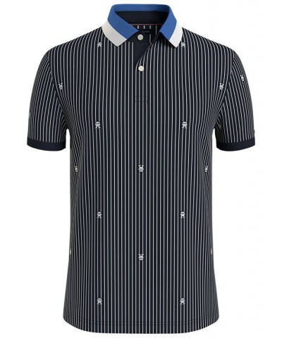 Men's Allover Monogram Pinstriped Short Sleeve Regular Fit Polo Shirt Blue $29.90 Polo Shirts