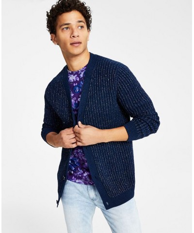 Men's Twisted Classic-Fit Metallic Ribbed-Knit Cardigan Blue $20.37 Sweaters