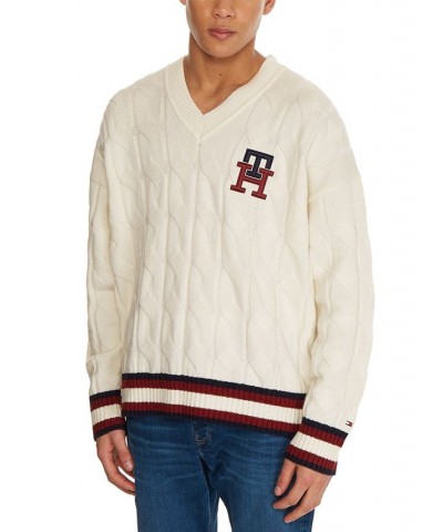 Men's Monogram V-Neck Cable Knit Wool Sweater Ivory/Cream $36.16 Sweaters