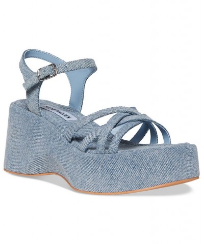 Women's Crazy Strappy Platform Wedge Sandals Blue $42.57 Shoes